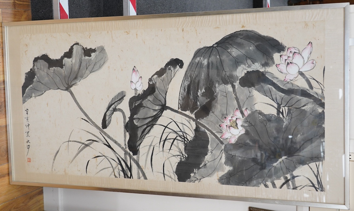 Professor Lau Ta-Po, Hong Kong artist, ink and watercolour, 'Lotus', signed and inscribed, 64 x 132cm. Provenance - bought from the artist in Hong Kong in 1971. This painting is illustrated in the Hong Kong standard date